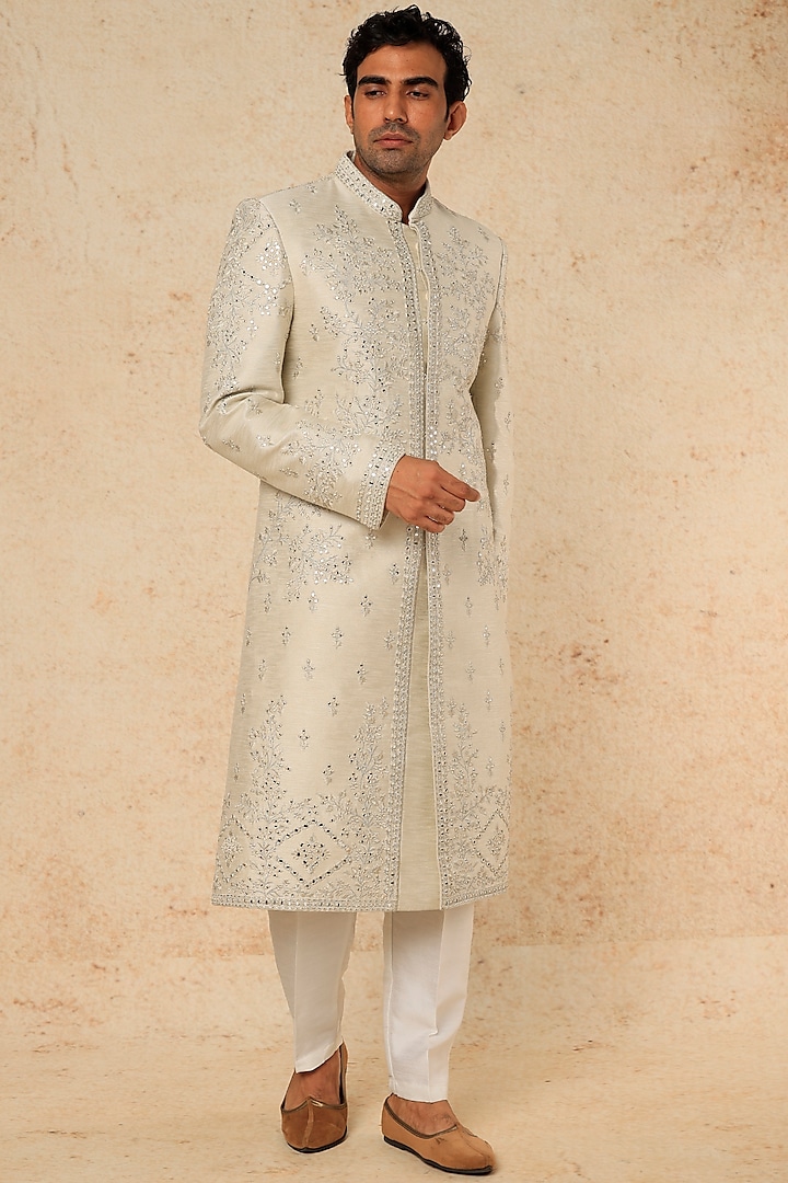 Light Grey Embroidered Sherwani Set by RNG Safawala Men