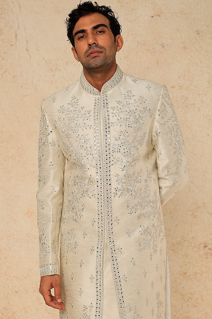 Light Grey Embroidered Wedding Sherwani Set by RNG Safawala Men at Pernia's Pop Up Shop