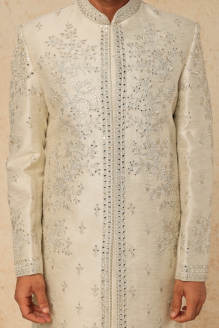 Light Grey Embroidered Wedding Sherwani Set by RNG Safawala Men at Pernia's Pop Up Shop