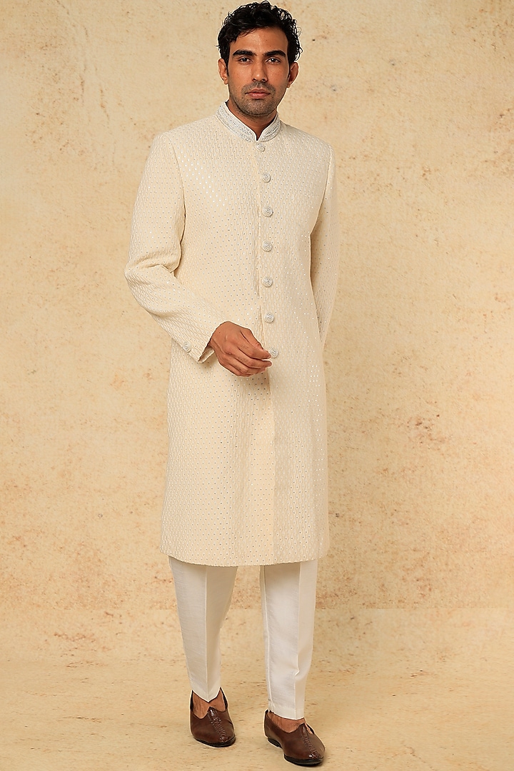 White Embroidered Sherwani Set by RNG Safawala Men