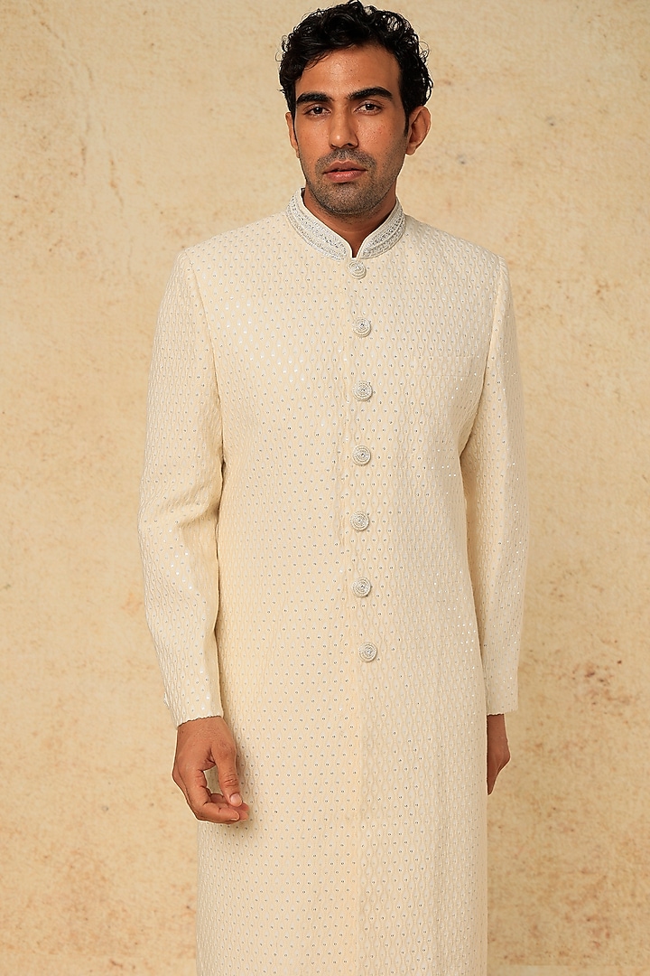 White Embroidered Wedding Sherwani Set by RNG Safawala Men at Pernia's Pop Up Shop