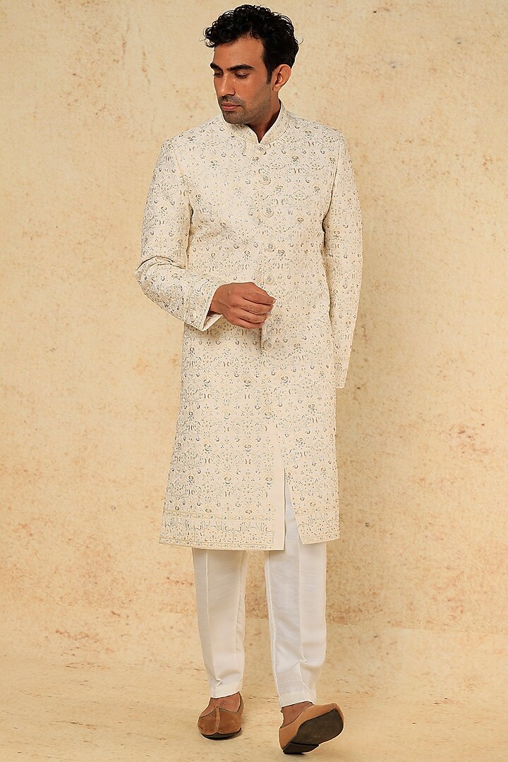Light Beige Raw Silk Embroidered Sherwani Set by RNG Safawala Men