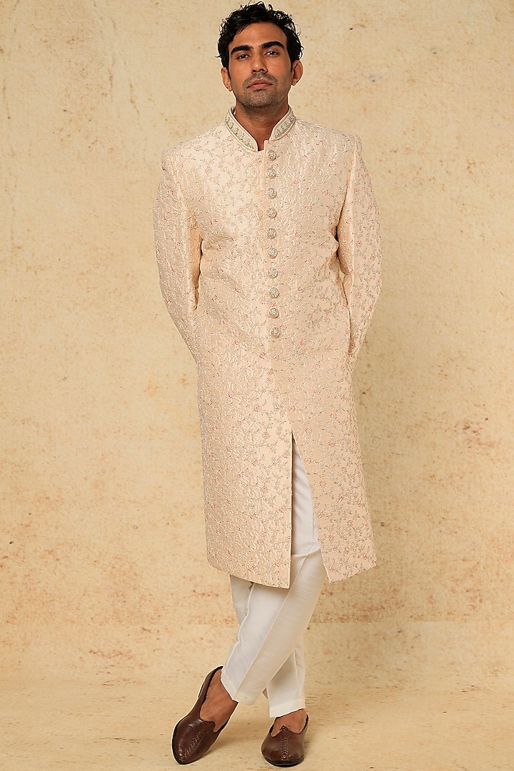 Pale Pink Embroidered Sherwani Set by RNG Safawala Men