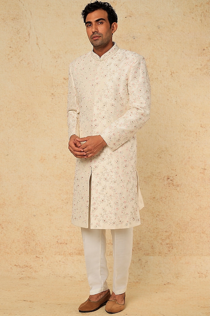 Off- White Raw Silk Sherwani Set by RNG Safawala Men
