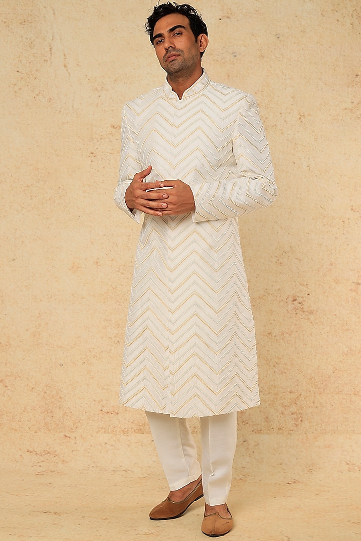 Off-White Raw Silk Sherwani Set by RNG Safawala Men