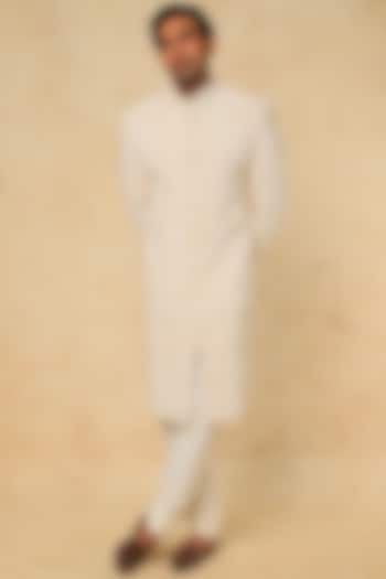 White Raw Silk Embroidered Sherwani Set by RNG Safawala Men