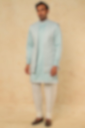 Sky Blue Cotton Silk Kurta Set With Jacket by RNG Safawala Men at Pernia's Pop Up Shop