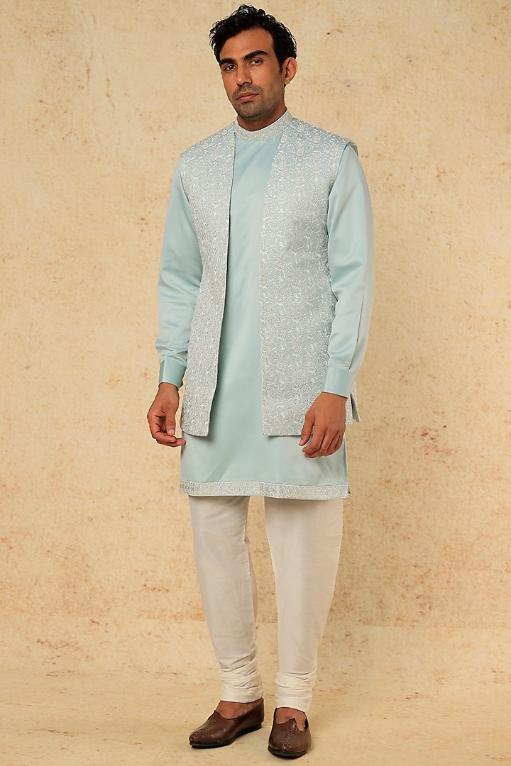 Sky Blue Cotton Silk Kurta Set With Jacket by RNG Safawala Men at Pernia's Pop Up Shop