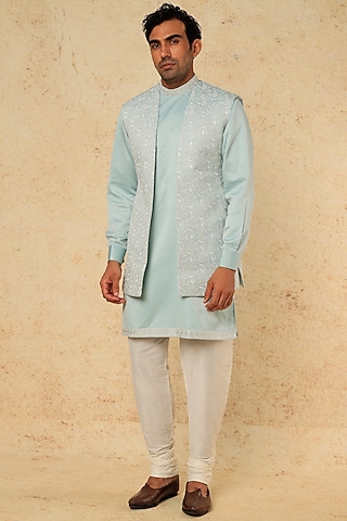 Sky Blue Cotton Silk Kurta Set With Jacket by RNG Safawala Men