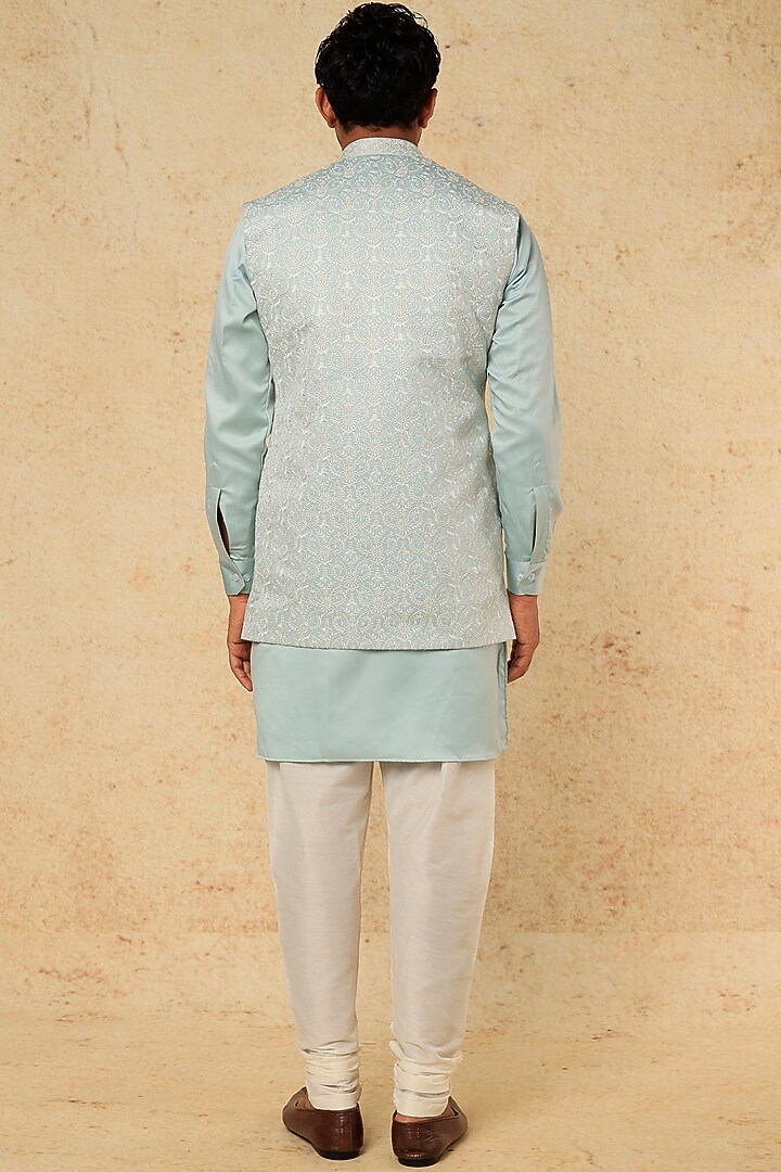 Sky Blue Cotton Silk Kurta Set With Jacket by RNG Safawala Men at Pernia's Pop Up Shop