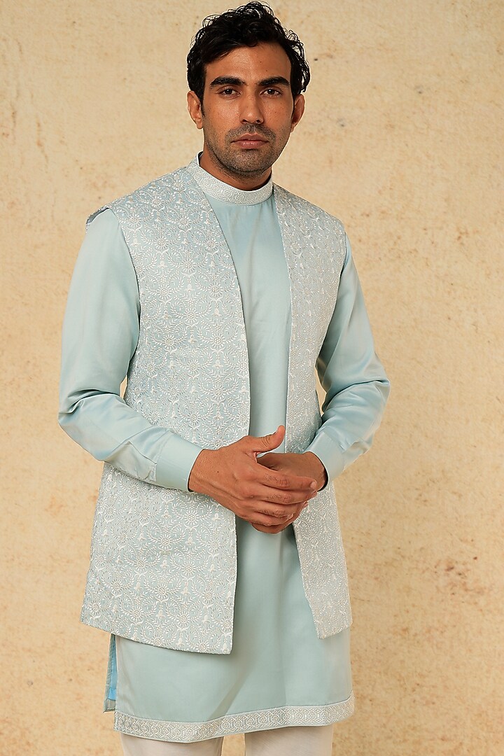 Sky Blue Cotton Silk Kurta Set With Jacket by RNG Safawala Men at Pernia's Pop Up Shop