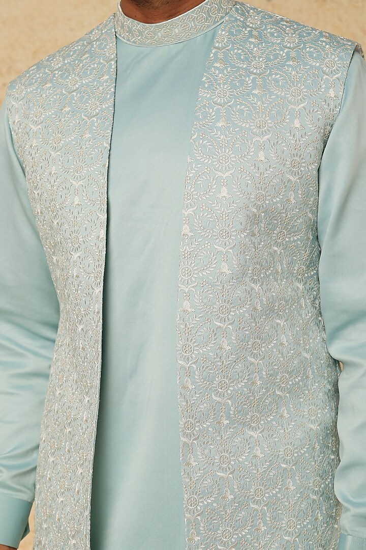 Sky Blue Cotton Silk Kurta Set With Jacket by RNG Safawala Men at Pernia's Pop Up Shop