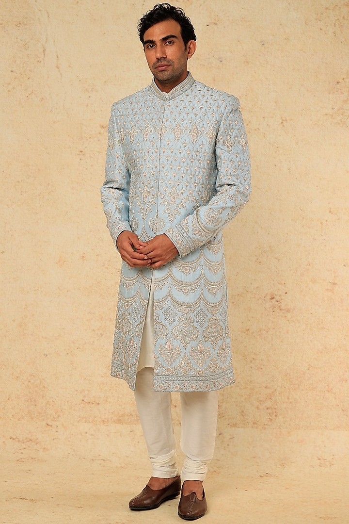 Sky Blue Embroidered Groom Sherwani Set by RNG Safawala Men at Pernia's Pop Up Shop