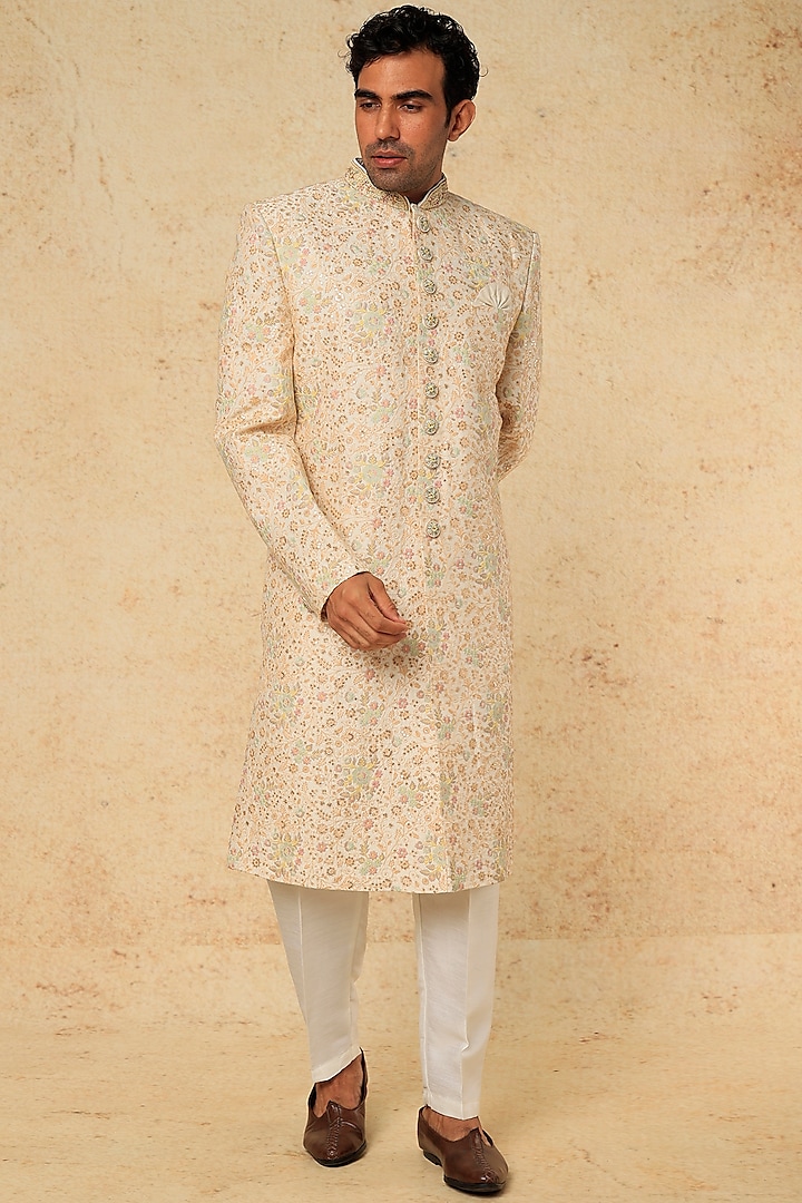 Off-White Raw Silk Sequins & Thread Embroidered Sherwani Set by RNG Safawala Men