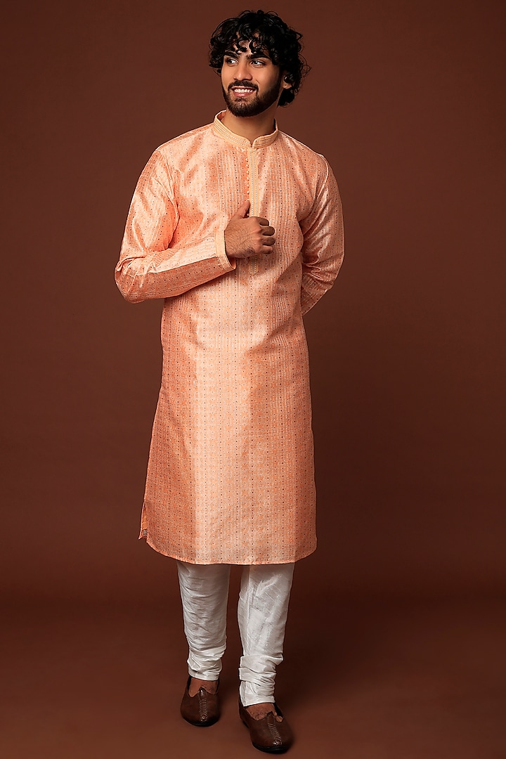 Peach Printed Kurta Set by RNG Safawala Men