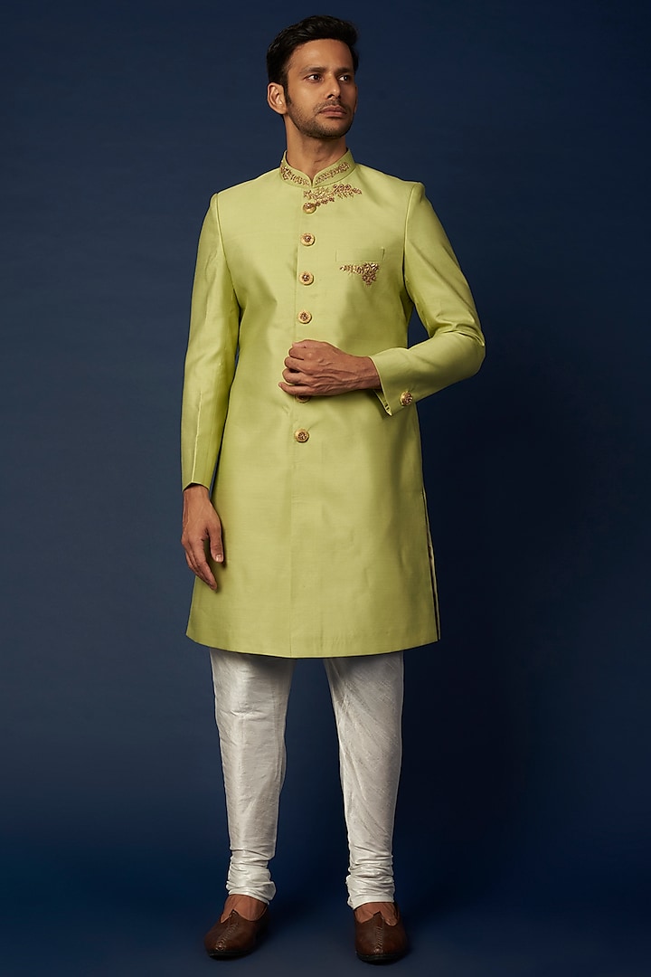 Parrot Green Embroidered Achkan Set by RNG Safawala Men
