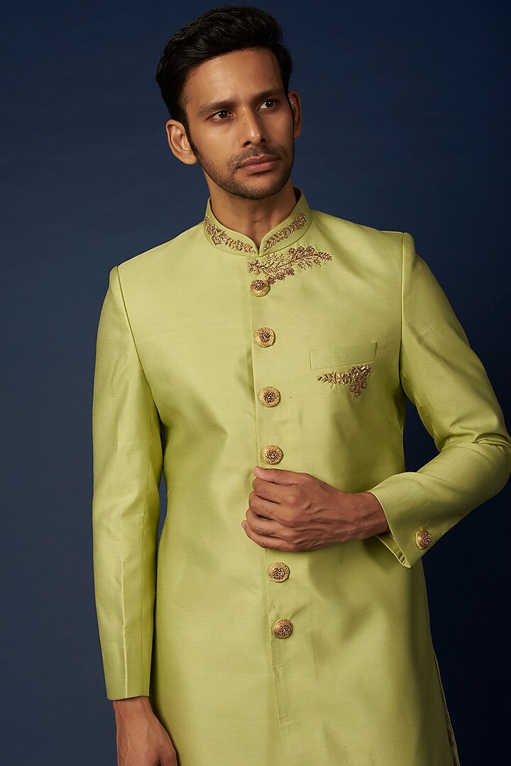 Parrot Green Embroidered Achkan Set by RNG Safawala Men at Pernia's Pop Up Shop