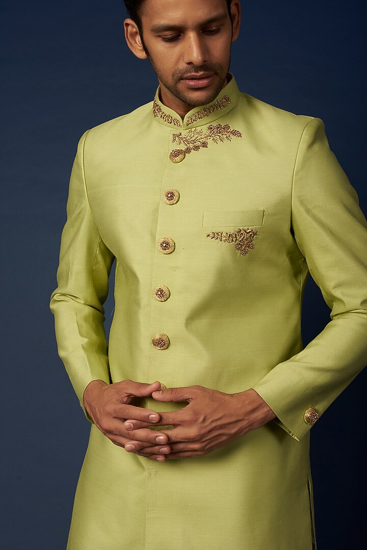 Parrot Green Embroidered Achkan Set by RNG Safawala Men at Pernia's Pop Up Shop