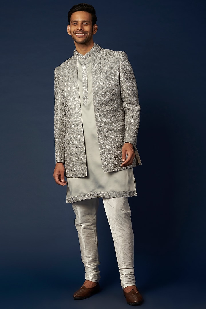 Steel Grey Embroidered Wedding Indowestern Set by RNG Safawala Men at Pernia's Pop Up Shop