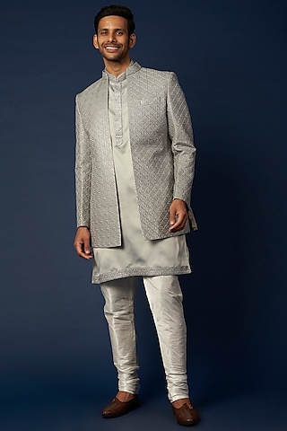 Steel Grey Embroidered Indowestern Set by RNG Safawala Men