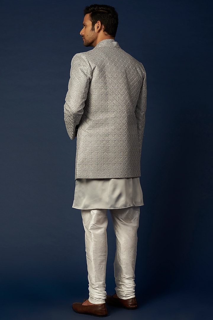 Steel Grey Embroidered Wedding Indowestern Set by RNG Safawala Men at Pernia's Pop Up Shop