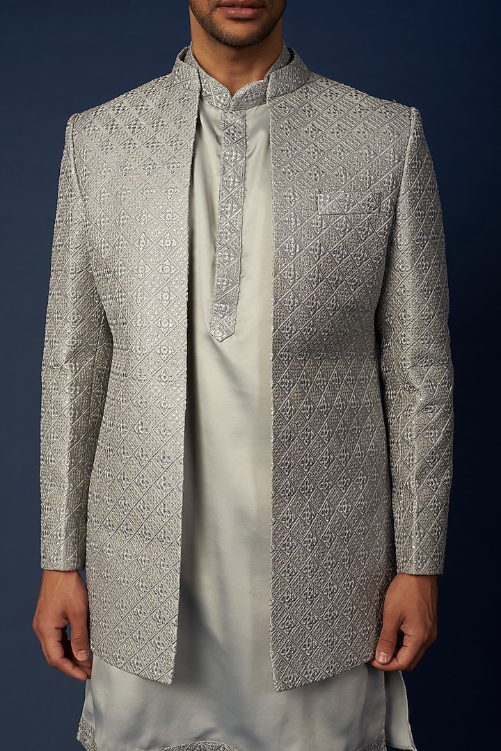 Steel Grey Embroidered Wedding Indowestern Set by RNG Safawala Men at Pernia's Pop Up Shop