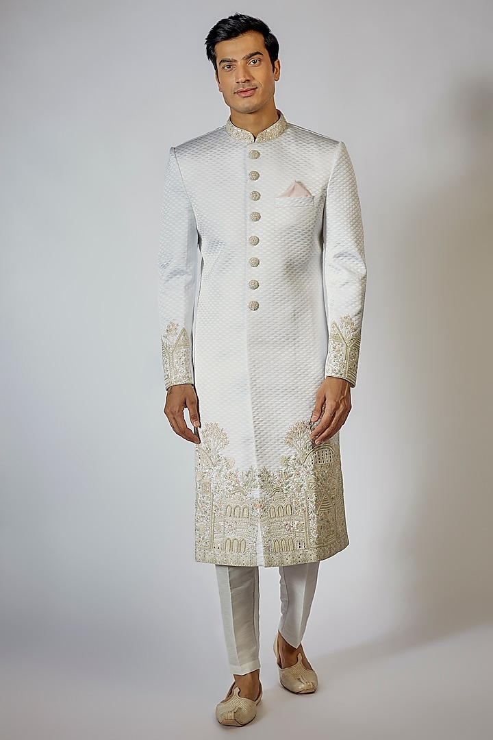 Off-White Raw Silk Embroidered Wedding Sherwani Set by RNG Safawala Men at Pernia's Pop Up Shop