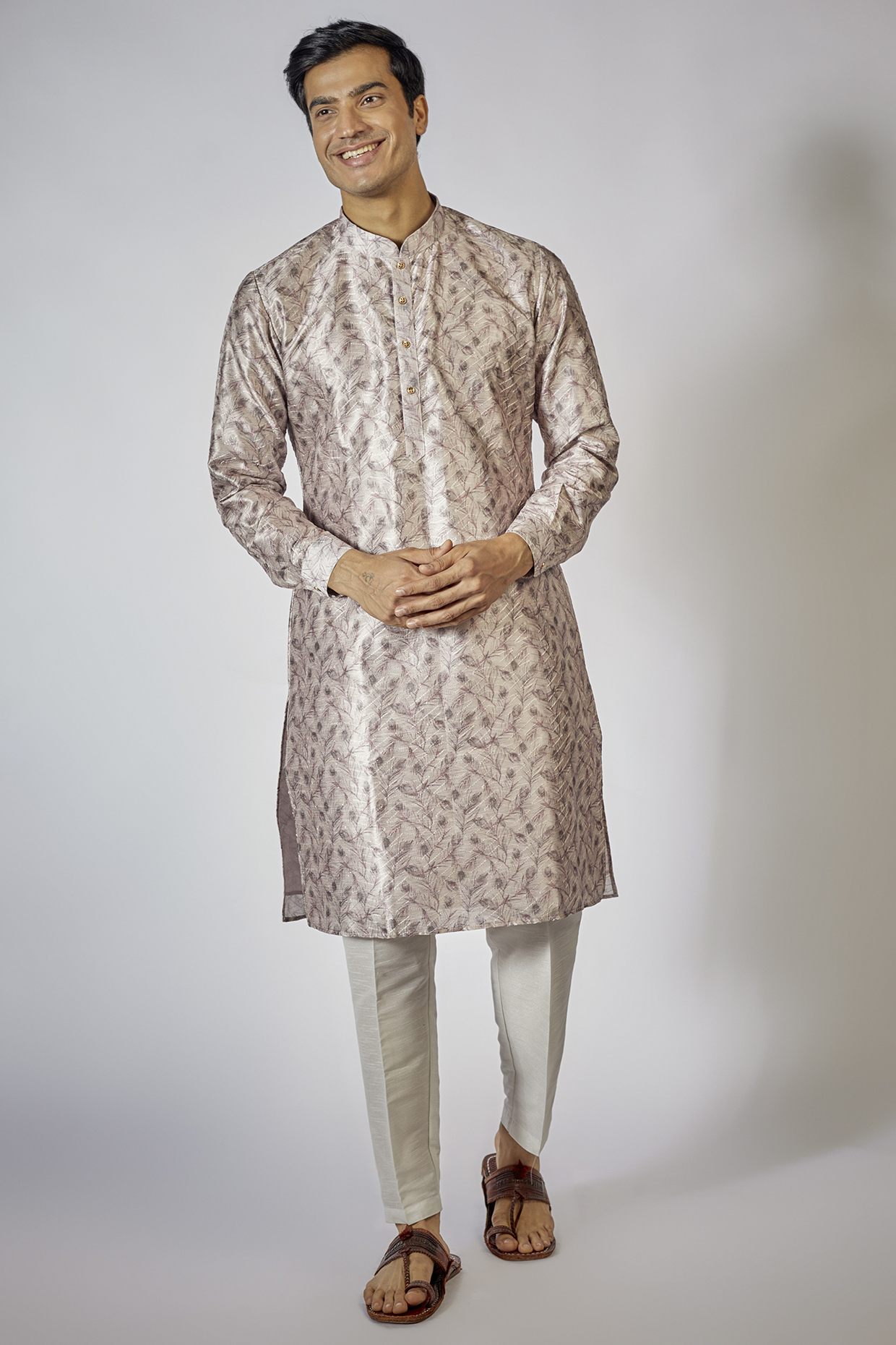 Lilac Dupion Silk Printed Kurta Set by RNG Safawala Men at Pernia's Pop Up Shop