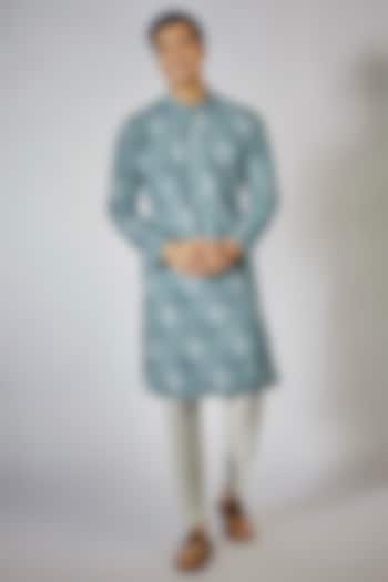 Blue Dupion Silk Printed Kurta Set by RNG Safawala Men at Pernia's Pop Up Shop