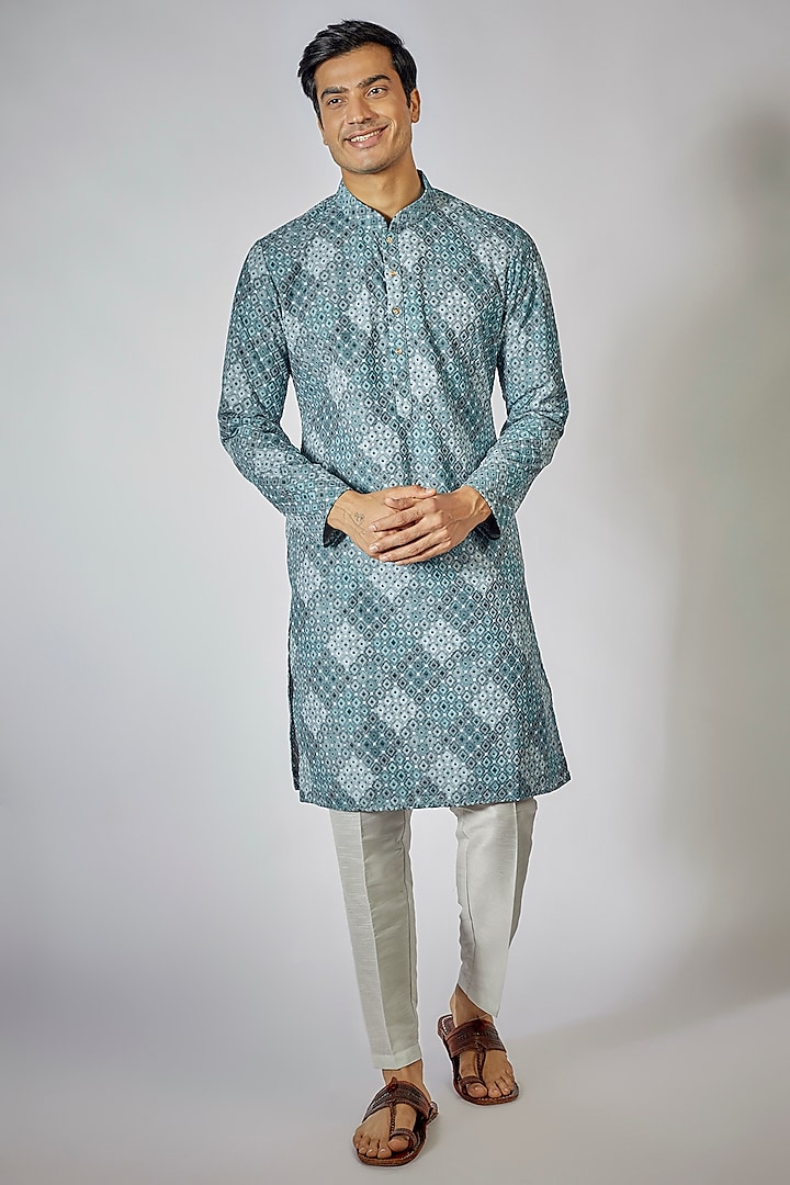 Blue Dupion Silk Printed Kurta Set by RNG Safawala Men at Pernia's Pop Up Shop