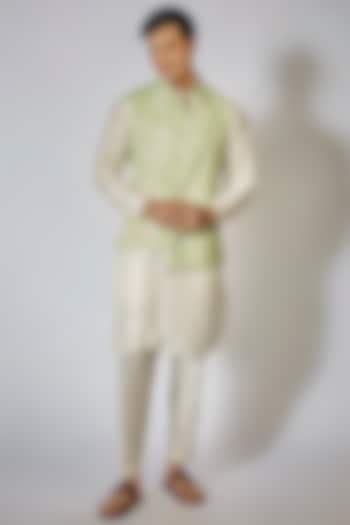 Pista Green Raw Silk Embroidered Bundi Jacket Set by RNG Safawala Men