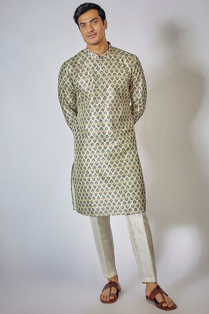 Green Cotton Silk Printed Kurta Set by RNG Safawala Men