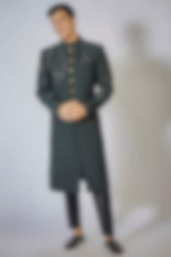 Bottle Green Japanese Twill & Poly Viscose Embroidered Wedding Sherwani Set by RNG Safawala Men at Pernia's Pop Up Shop