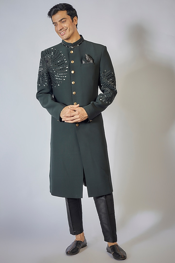 Bottle Green Japanese Twill & Poly Viscose Embroidered Wedding Sherwani Set by RNG Safawala Men at Pernia's Pop Up Shop