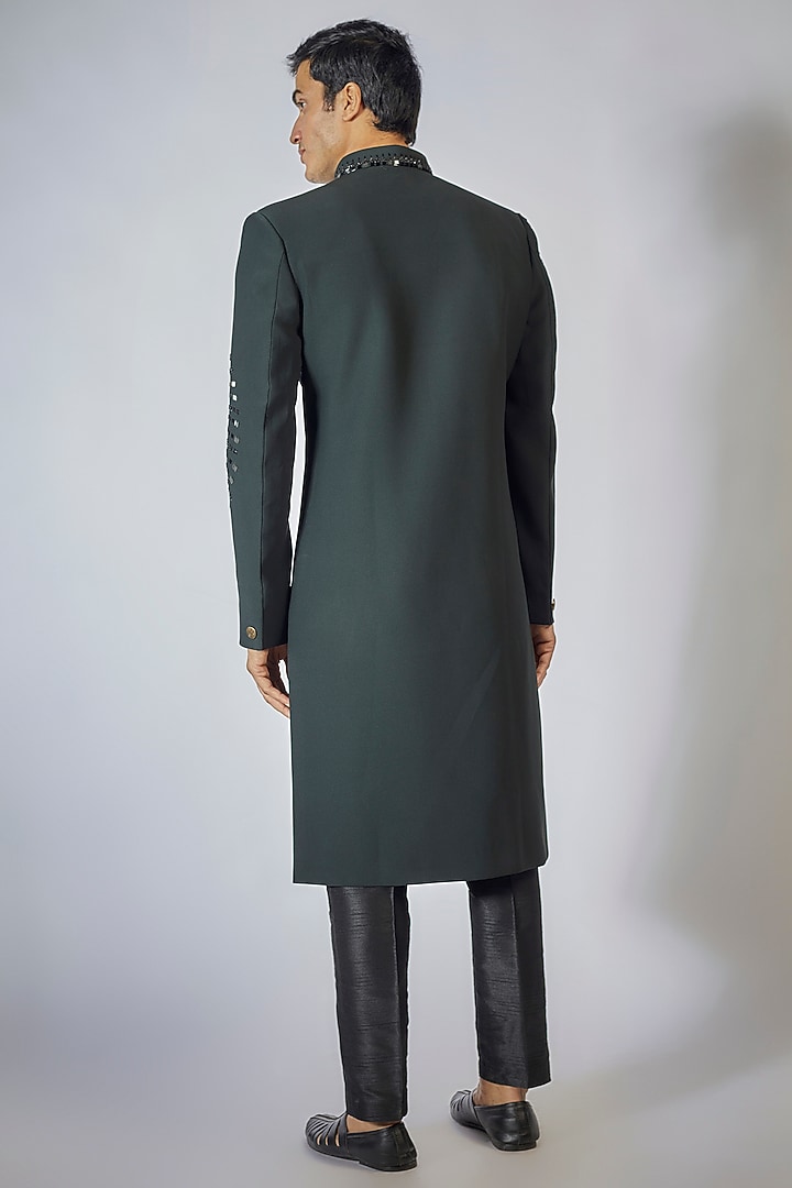 Bottle Green Japanese Twill Sequin Embroidered Wedding Sherwani Set by RNG Safawala Men at Pernia's Pop Up Shop