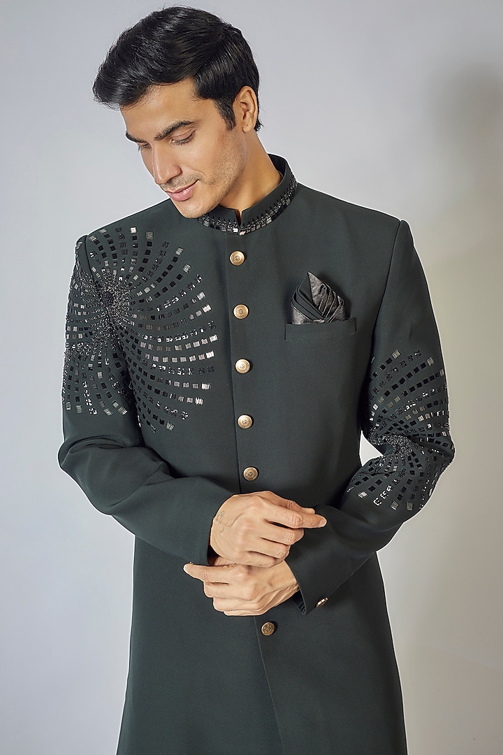 Bottle Green Japanese Twill Sequin Embroidered Wedding Sherwani Set by RNG Safawala Men at Pernia's Pop Up Shop