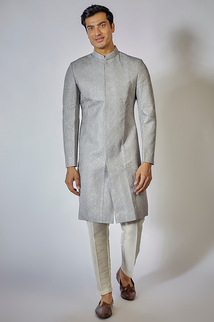Grey Raw Silk Embroidered Sherwani Set by RNG Safawala Men