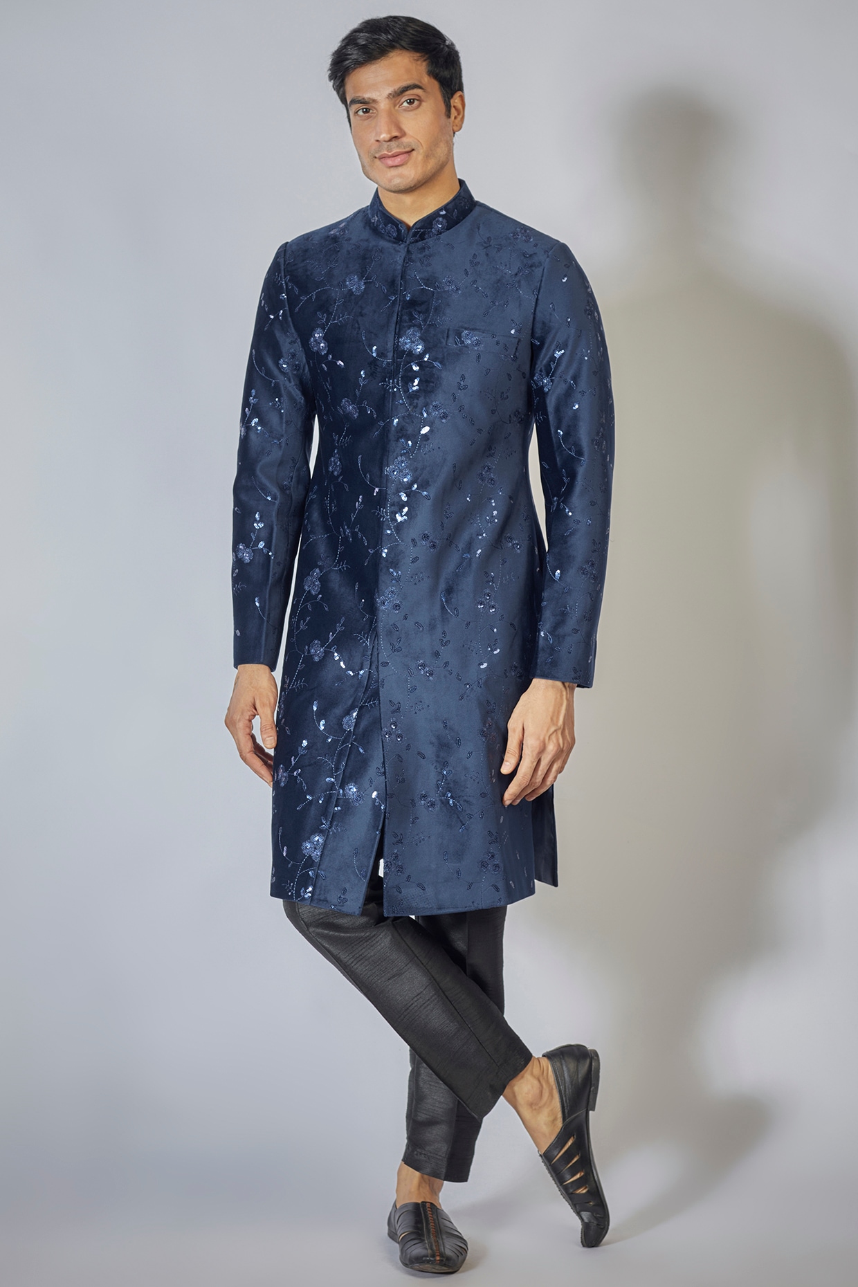 Plain terry rayon dhoti sherwani in navy on sale blue