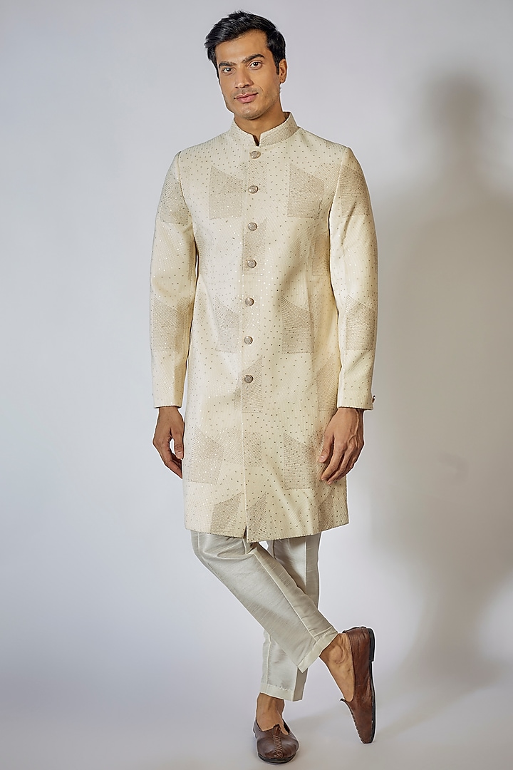 Off-White Suede Embroidered Sherwani Set by RNG Safawala Men