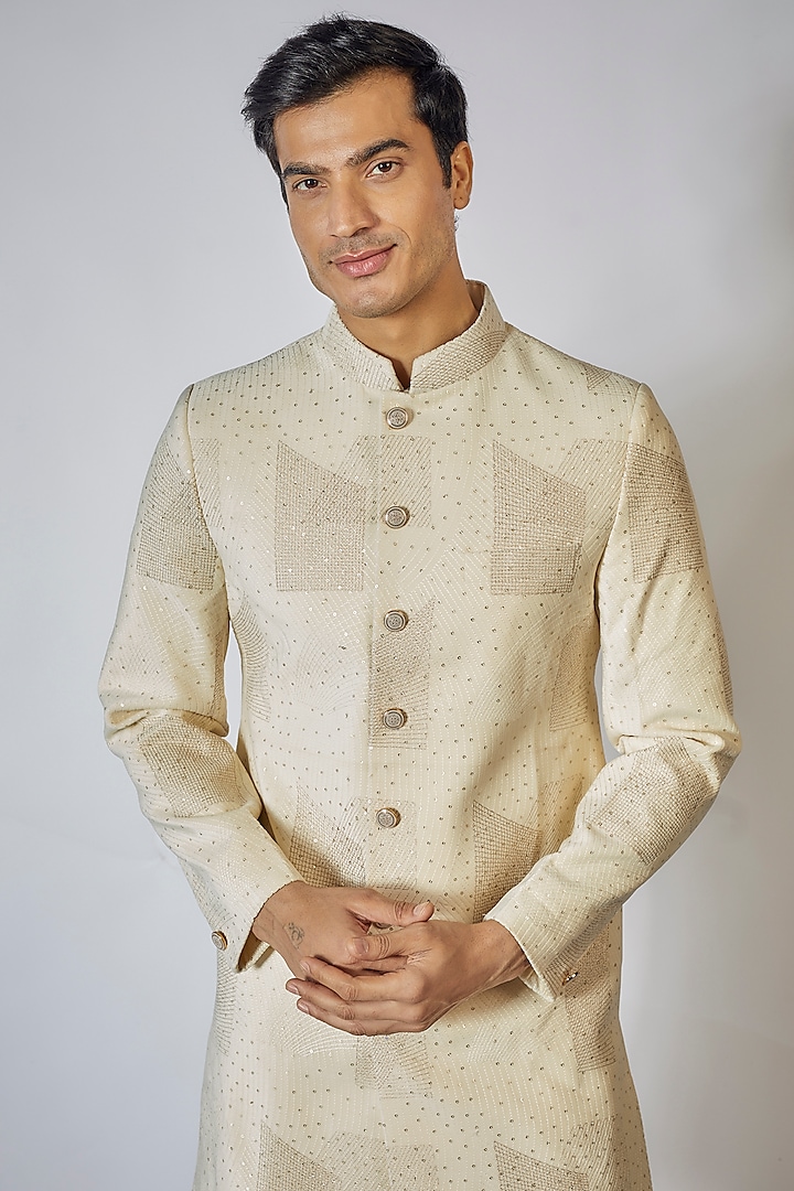 Off-White Suede Sequins Embroidered Wedding Sherwani Set by RNG Safawala Men at Pernia's Pop Up Shop
