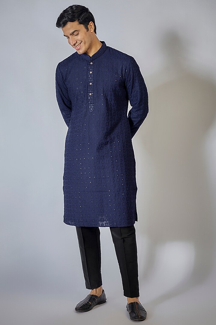 Royal Blue Cotton Silk Embroidered Kurta Set by RNG Safawala Men at Pernia's Pop Up Shop