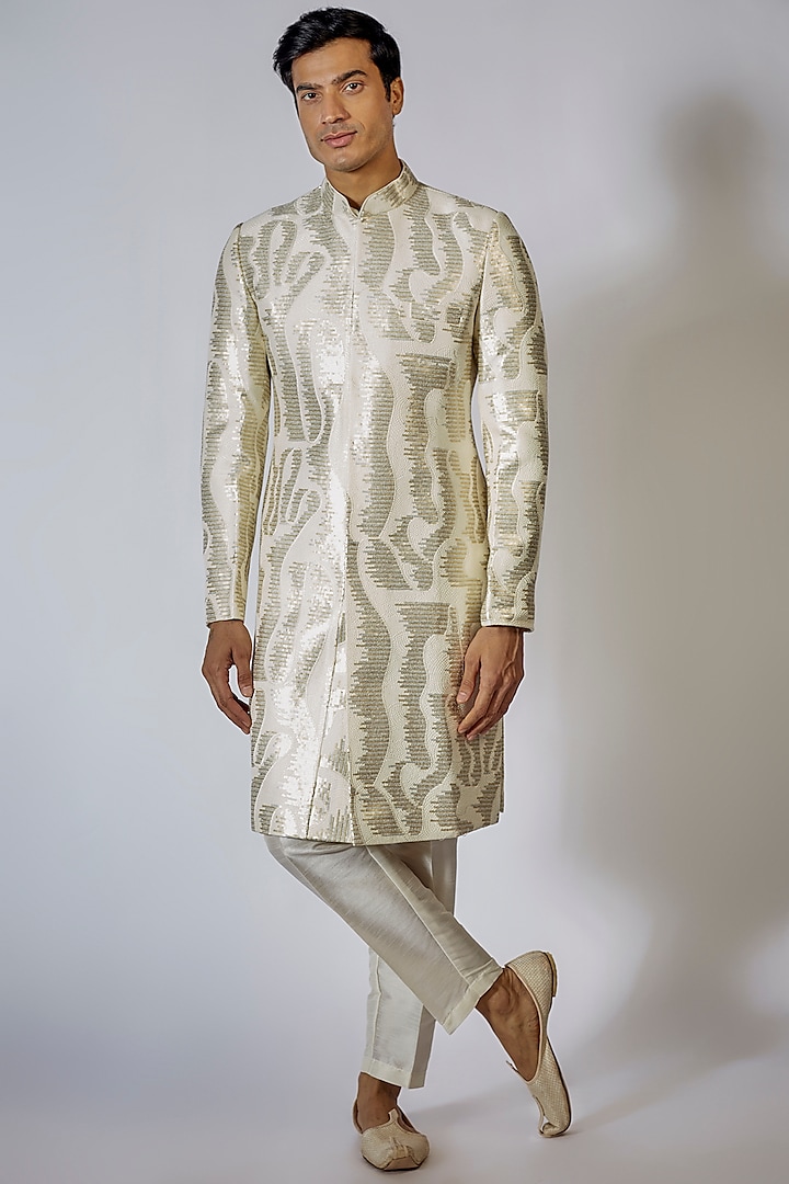 Off-White Suede Embroidered Indowestern Set by RNG Safawala Men