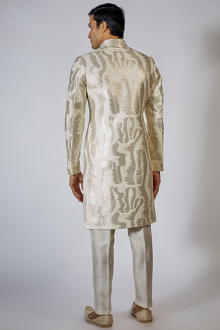 Off-White Suede Embroidered Achkan Jacket Set by RNG Safawala Men at Pernia's Pop Up Shop