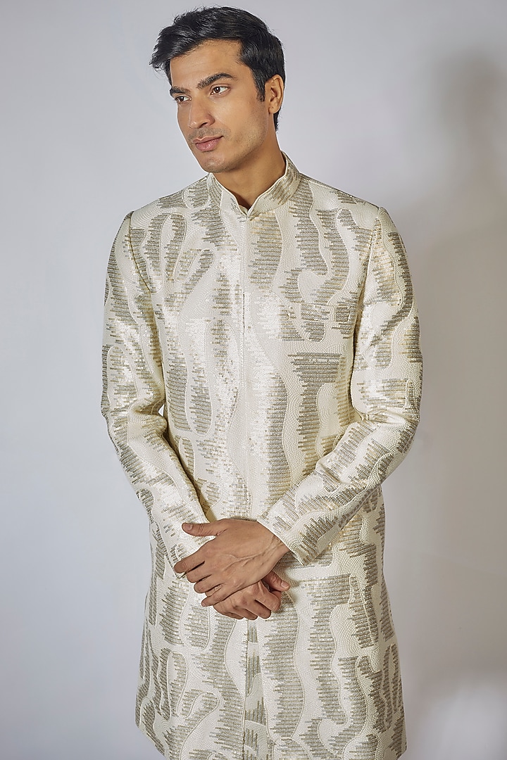 Off-White Suede Embroidered Achkan Jacket Set by RNG Safawala Men at Pernia's Pop Up Shop