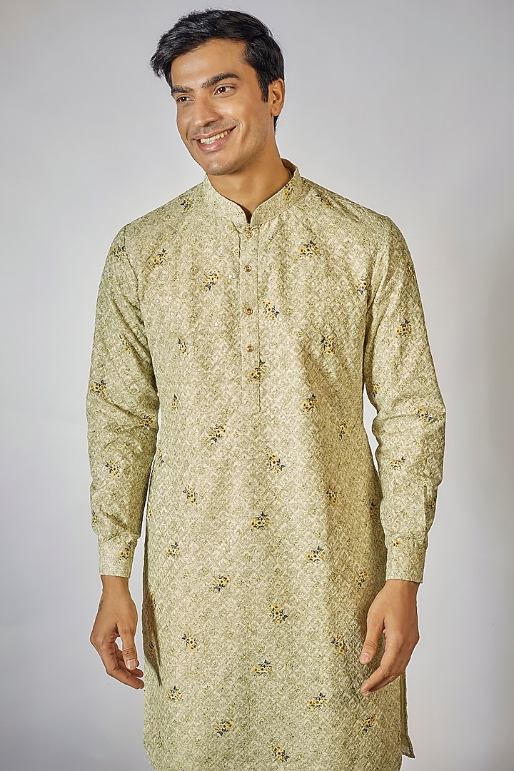 Pista Green Cotton Silk Printed & Embroidered Kurta Set by RNG Safawala Men at Pernia's Pop Up Shop