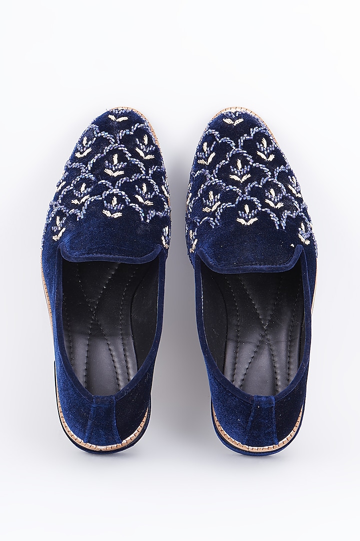 Royal Blue Suede Embroidered Loafers by RNG Safawala Men