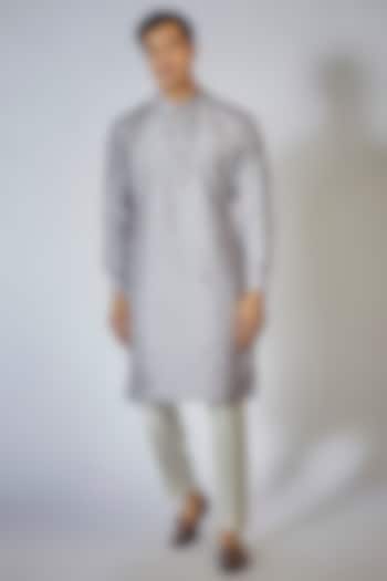 Grey Cotton Silk Embroidered Kurta Set by RNG Safawala Men