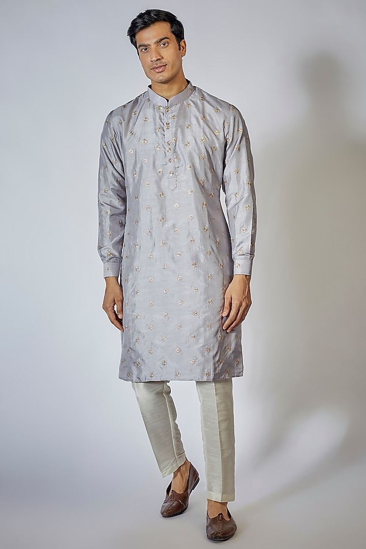 Grey Cotton Silk Embroidered Kurta Set by RNG Safawala Men