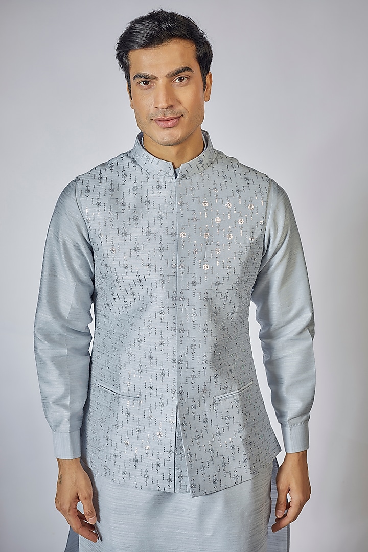 Powder Blue Raw Silk Sequin Embroidered Bundi Jacket Set by RNG Safawala Men at Pernia's Pop Up Shop