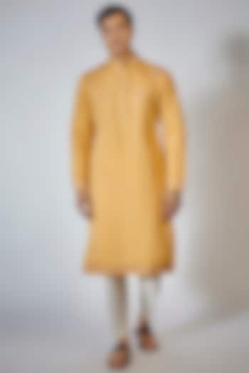 Yellow Cotton Silk Embroidered Kurta Set by RNG Safawala Men